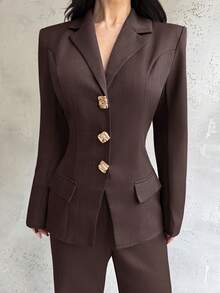 Firerie 女式优雅复古钱币图案西装外套和修身喇叭裤套装