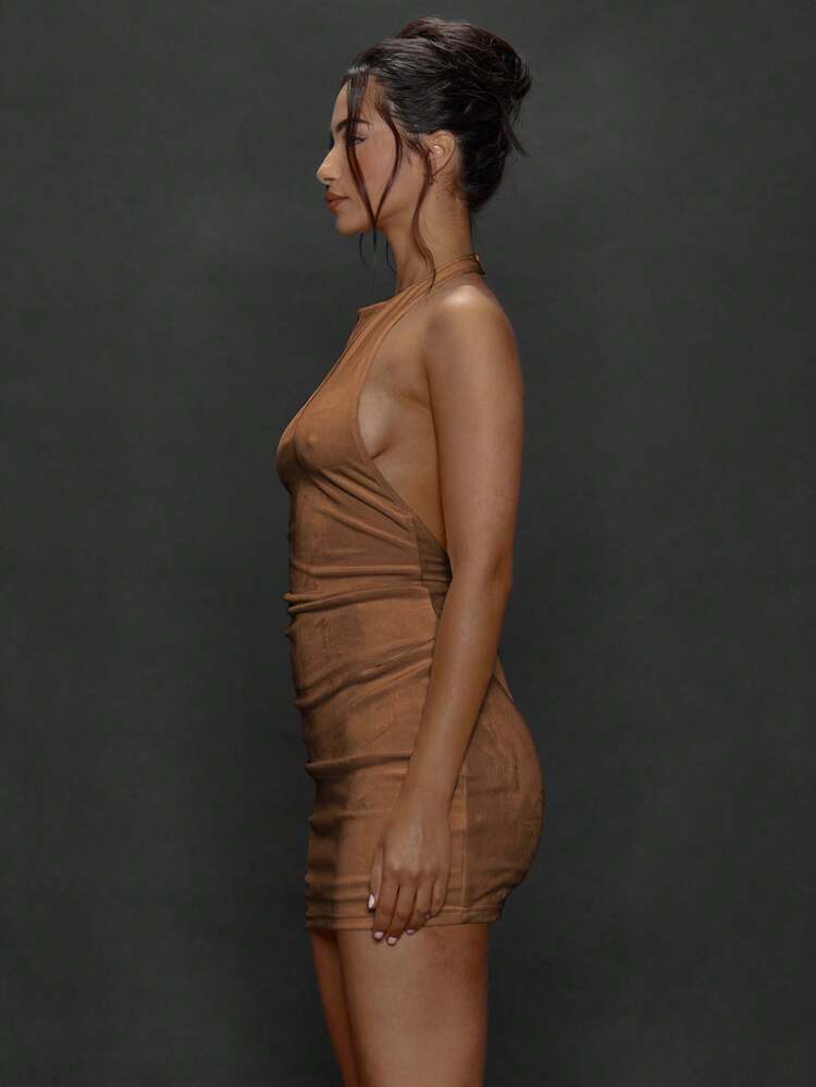 MUSERA Vestido Curto Halter Decotado nas Costas, Outono, Saída, Dia a Dia, Noite, Sexy, Streetwear, Festa, Chique, Primavera, Verão, Férias - Castanho - Visão 4