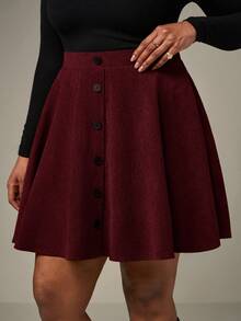 SHEIN Tall CURVE 大码纯色前扣简约A字裙，休闲日常穿着 - 酒紅色 - 查看 6