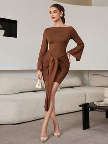 Poshira Vestido corto elegante de mujer con mangas largas ajustadas, plisado y retorcido, de unicolor, para primavera/otoño - Marrón - Ver 4