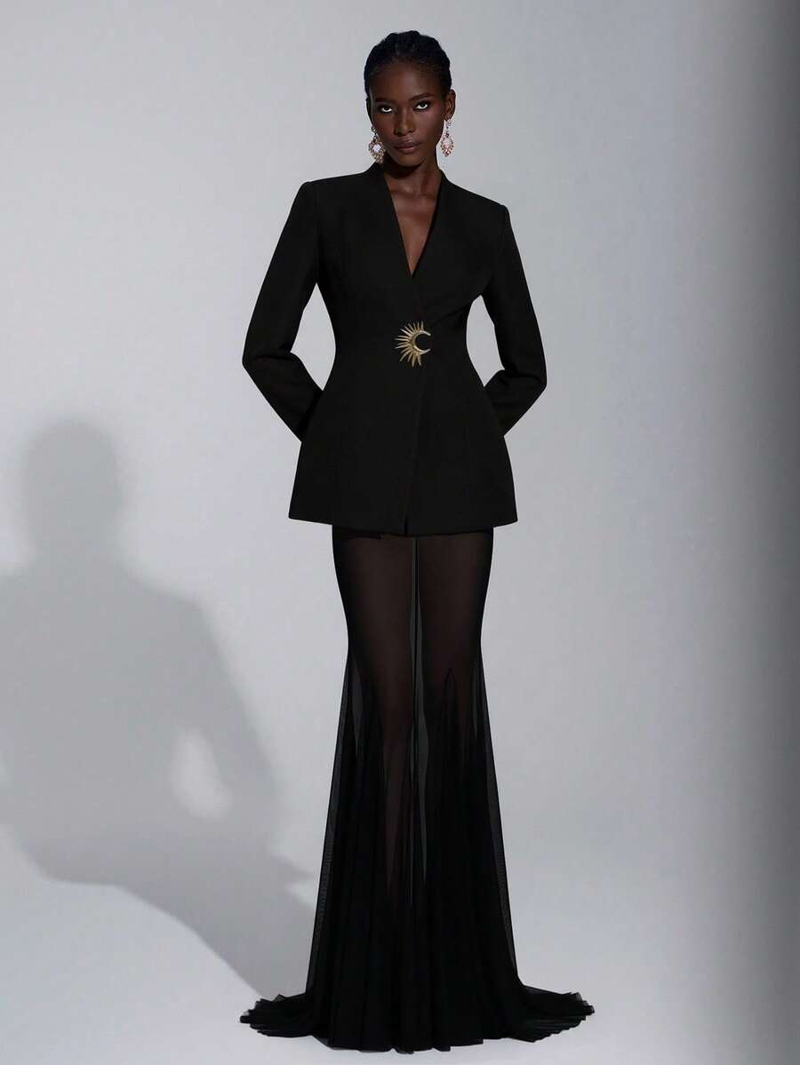 Elitara 优雅、浪漫、性感、简约、浅粉色、西装式廓形、鱼尾下摆、拖地、时尚、网红、假日、度假、生日派对、婚礼、正式晚宴礼服