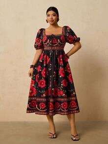 Travachic Plus Size Elegant Princess Dress For Women,Black And Red Colorful Floral Print Puff Sleeve Boho Summer Holiday Tea Party Vacation Resort Wear Outfit - Black - View 3
