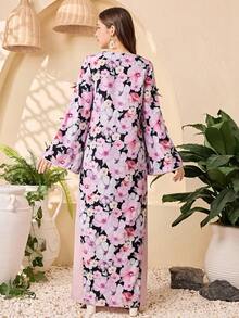 SHEIN 少女纯色拼接印花V领直筒长款连衣裙/睡袍，舒适休闲，适合春秋季日常穿着，阿拉伯长袍，端庄得体。 - 粉色 - 查看 2