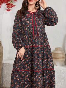 Al Najma Plus Size Linen Printed Loose Fit Round Neck Dress, Arabic Style For Women Abaya Plus Size Abaya Dubai - Multicolor - View 4