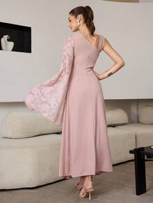 Modelyn Elegant Jacquard Fabric Asymmetrical Shoulder Waist Cinched Party Dress - Baby Pink - View 2