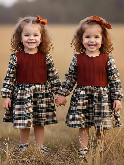 Cozy Pixies Baby Girl Contrast Color 2 In 1 Round Neck Long Sleeve Dress, Versatile & Comfortable Matching Sister Outfits Twin Toddler Dresses Baby Girl Plaid Dress Fall Clothes For Girls Baby Girl Casual Cute Plaid Dress
