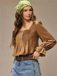 WESTFADE 纹理绉纱编织方领褶裥纽扣前襟长泡泡袖宽松上衣，适合秋季、冬季，波西米亚风、休闲风、可爱风、西部风。 - 棕色 - 查看 1