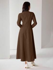 Heiryn Women's Rhinestone Decor Crew Neck Long Sleeve Dress Long Brown Dress - Coffee Brown - View 2