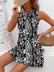 Breezaya 度假风全身印花无袖圆领连衣裙 女士度假沙滩装