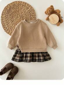 复古可爱格子长袖女婴连衣裙 - 杏色 - 查看 9