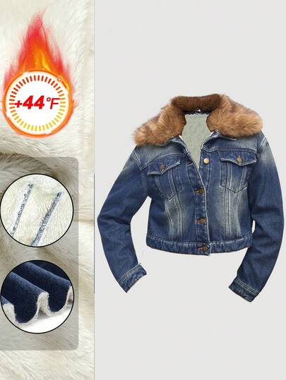 Sweetra Fashionable Casual Retro Vintage Faux Fur Collar Composite Fleece Denim Jacket