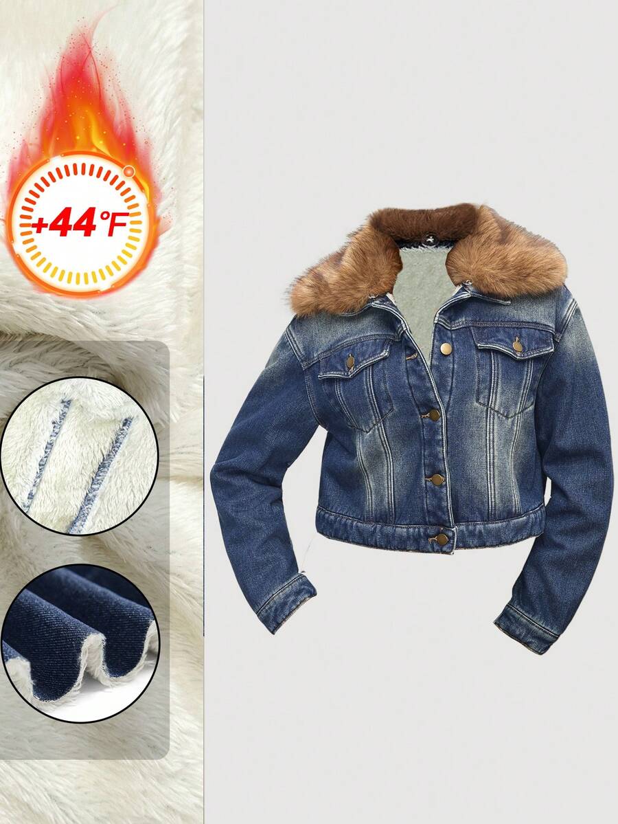 Sweetra Fashionable Casual Retro Vintage Faux Fur Collar Composite Fleece Denim Jacket - Medium Wash - View 1