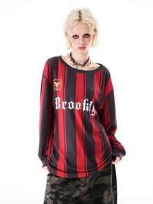 Bloopia 女士梭织数码印花复古条纹露肩宽松休闲时尚套头衫，秋季 - 彩色 - 查看 5