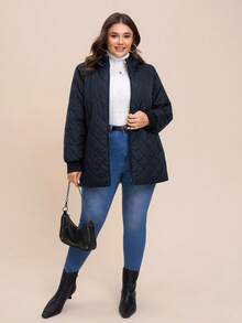 SHEIN LUNE Plus Size Quilted Cotton Padded Hooded Jacket, Casual & Warm For Autumn/Winter - Royal Blue - View 5