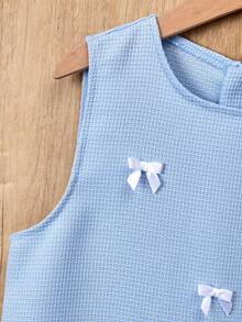 女童优雅甜美无袖迷你连衣裙，层叠荷叶边下摆，白色蝴蝶结点缀，适合夏季和奢华派对穿着 - 藍色 - 查看 5