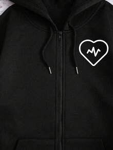 Sudadera con capucha de cierre completo color rojo vino con estampado de corazón y línea de latido cardíaco para uso casual y deportivo - Negro - Ver 2