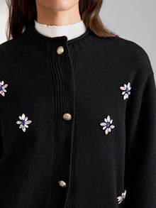 Women's Wool Blend Cardigan With Rhinestone Decor, Elegant For Thanksgiving, Christmas, New Year Party, Wedding Guest, Casual Chic Basic Sweater Top For Outings, Autumn/Winter - Black - View 8