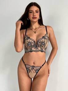Aloruh Bộ đồ lót nữ thanh lịch tay lửng 3/4 xếp ly bằng ren, thích hợp cho mùa thu đông, năm mới, tiệc tùng, họp mặt. Áo ngực và quần lót có gọng, trang trí nơ ren, thêu họa tiết, cổ chữ V phía trước, không gọng, phong cách mùa hè thời trang. - Nhiều màu - Xem 5