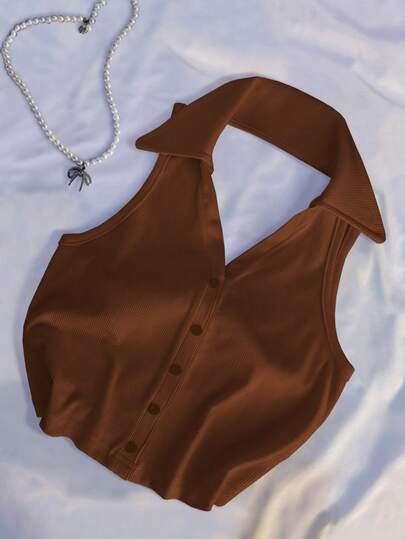 Glimmora Women's Brown Fashionable Casual Street Chic Polo Collar Turndown Collar Fitted Backless V-Neck Sleeveless Top