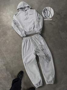 PAVTROS Men's Letter Embroidered Drawstring Hoodie And Sweatpants Casual Suit Men's Sweat Suit Set Men 2 Pieces Set Patched Men 2 Pieces Set Men's Jogger Set Sweat Set - Grey - View 3