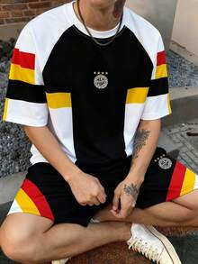 Aesthetic Post Conjunto de pantalones cortos y manga raglán Manfinity Hypemode para hombre, deportivo y casual, con bloques de color y estampado digital de Nueva York - Multicolor - Ver 2