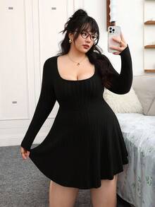 CovetEZ 大码女式纯色方领长袖针织连体衣，适合秋季休闲穿着 - 黑色 - 查看 4