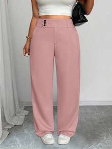 SHEIN PETITE CURVE Quần cạp cao tối giản màu trơn cỡ lớn, mặc thường ngày - Hồng - Xem 5