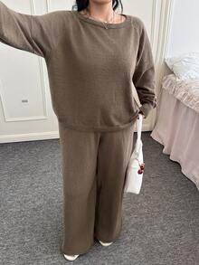 CovetEZ Plus Size Solid Color Crew Neck Long Sleeve Sweater And Pants Casual Matching Set, Autumn/Winter Comfortable Two Piece Set - Brown - View 1