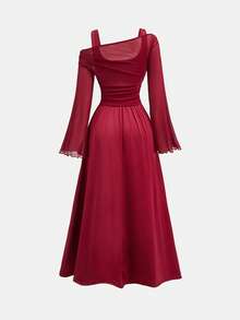 少女优雅修身酒红色网纱拼接不对称肩部喇叭袖褶皱连衣裙，适合女孩参加派对、圣诞节、新年或正式场合穿着。 - 酒紅色 - 查看 4