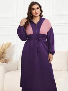 Modelyn 撞色抽绳腰带拉链落肩长款连衣裙女装 - 紫色 - 查看 4