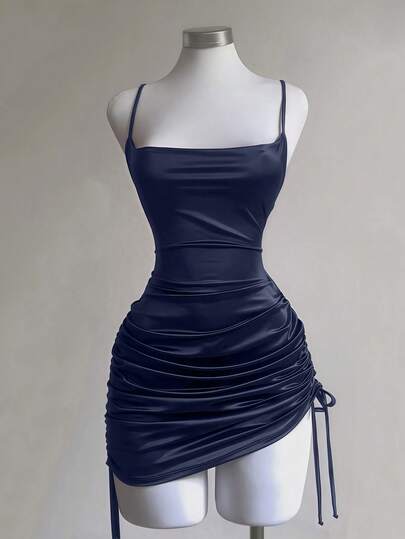 Olithes Minimalist Spaghetti Strap Sexy Ruched Decor Low-Cut Women Dress