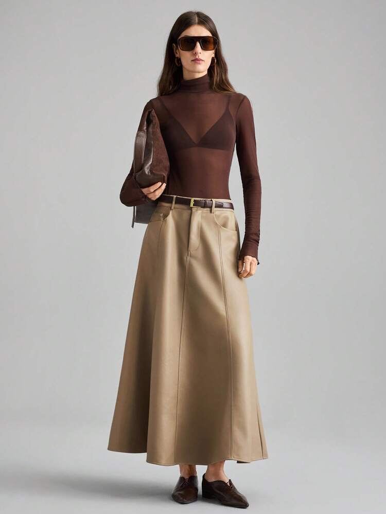 2026 Spring/Summer Khaki Autumn Elegant Unique Elegent Office Leather A-Line Skirt,Soft Comfortable Material For Business,Commuting,Daily Wear,Parties