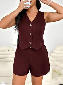 SHEIN EZwear 大码春夏休闲通勤纯色背心和短裤套装，商务休闲女装毕业，返校，秋冬女士教师装