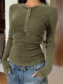 SHEIN EZwear 橄榄绿色针织纽扣锁眼长袖紧身休闲女式 T 恤