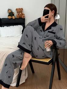 Dream Adore Bộ đồ ngủ dài tay kẻ sọc cổ bèo nhún màu tương phản dành cho nữ - màu đen - Xem 6