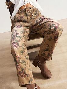 Bohemela BOHO Vacation Casual Country Style Printed Brown Denim Women Pants - Mocha Brown - View 1