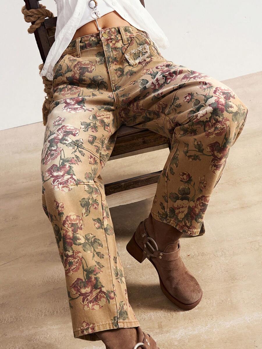 Bohemela BOHO Vacation Casual Country Style Printed Brown Denim Women Pants - Mocha Brown - View 1