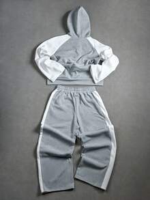 PAVTROS Aesthetic Post--Men's Letter Print Raglan Sleeve Drawstring Hoodie And Drawstring Waist Sweatpants Casual Tracksuit Set Mens Two Piece Set Mens Grey And White Set Mens Two Piece Outfit Sweatpants Mens Set With Hoodie And Pants Mens 2 Piece Set - Grey - View 2