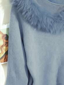 Franclia 女士极简时尚毛领拼接插肩袖纯色针织套头毛衣，秋冬款 - 藍色 - 查看 7