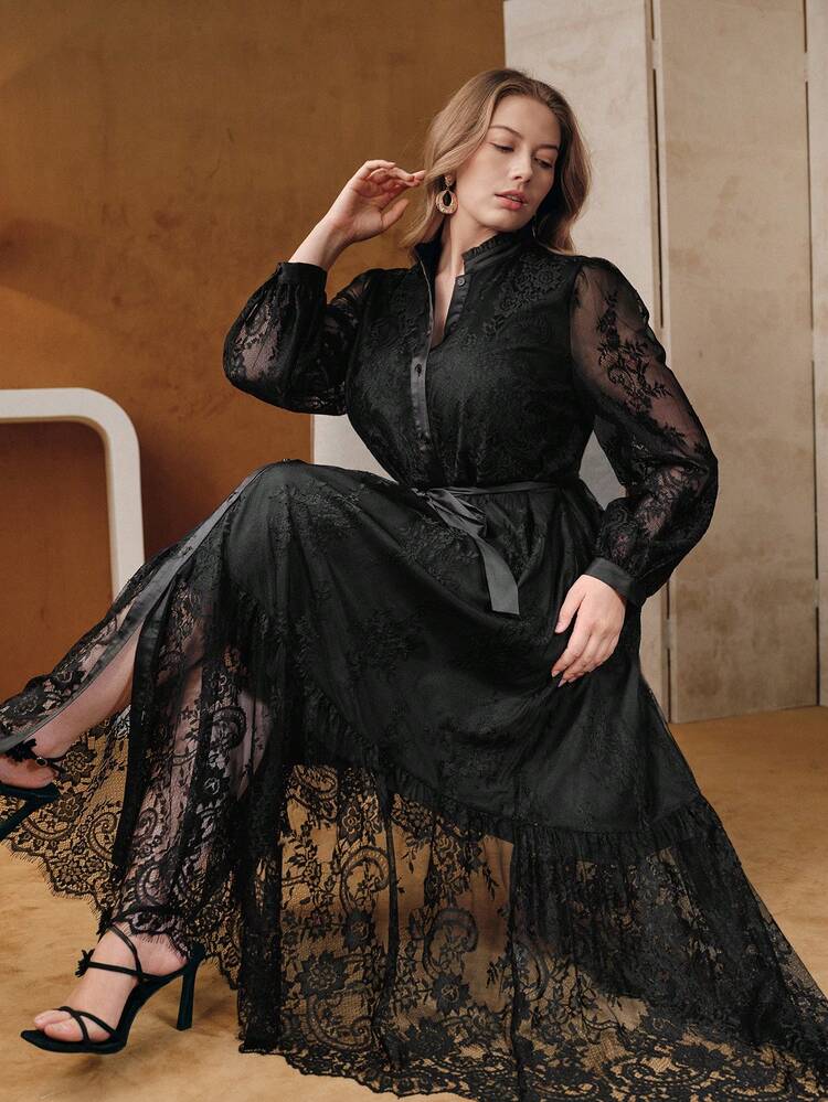 Valentine Anewsta Plus Size Elegant Mandarin Collar Lace Patchwork Cinched Waist A-Line Dress For Women