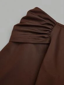 Sweetra Plus Size Solid Color Asymmetric Collar Long Sleeve Waist Cinched Dress - Brown - View 3
