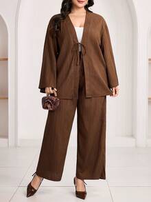 Veilorie 大码女式纯色扭结前襟长袖上衣和阔腿裤优雅阿拉伯套装