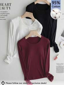 Tseoso Bộ 3 áo thun dài tay cổ tròn thường ngày cho nữ, 95% cotton, đen/đỏ tía/đỏ - Nhiều màu - Xem 13