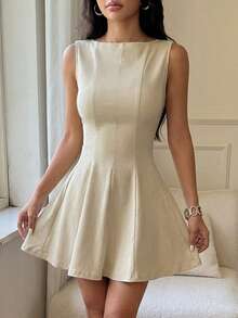 SHEIN EZwear 女士休闲优雅通勤纯色腰部收紧无袖迷你连衣裙 - 卡其色 - 查看 7