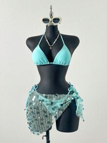 Zestiva Bộ 3 đồ bơi nữ, Bikini móc thanh lịch, Đầm lấp lánh sequin, Bikini kim loại màu xanh bạc hà, Trang phục đi biển cho nữ, Trang phục dự tiệc, Quà tặng Giáng sinh, Quà tặng Valentine, Kỳ nghỉ, Quà tặng năm mới, Khăn choàng Sarong, Đồ đi biển - Màu xanh Bạc hà - Xem 5