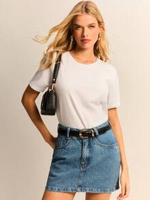 Daynim Chân váy denim bạc màu in họa tiết chấm bi - Rửa tối - Xem 6