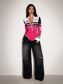 SHEIN ICON Women's Letter Print Long Sleeve Zipper Front Casual Bodysuit Spring Racing Clothes Women - Multicolor - View 5