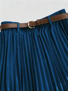 Franclia 休闲通勤百搭纯色长袖衬衫，搭配A字裙、百褶裙、长裙，配有腰带，春秋季卡其色女装套装，女式两件套，女式连衣裙，春秋服装，女式休闲装，女式教师制服 - 水鴨藍 - 查看 3