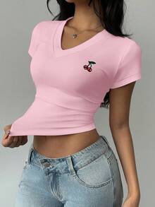 SHEIN BASICS Women's Casual V-Neck Ruched Short Sleeve Fitted T-Shirt, Suitable For Autumn/Summer,Graphic Tees - Baby Pink - View 6