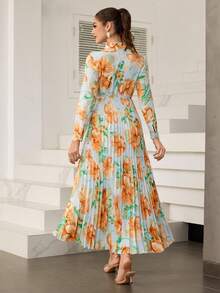 Modelyn 女士春季优雅印花荷叶边系领荷叶边褶皱下摆长连衣裙，度假风 - 綠色 - 查看 3